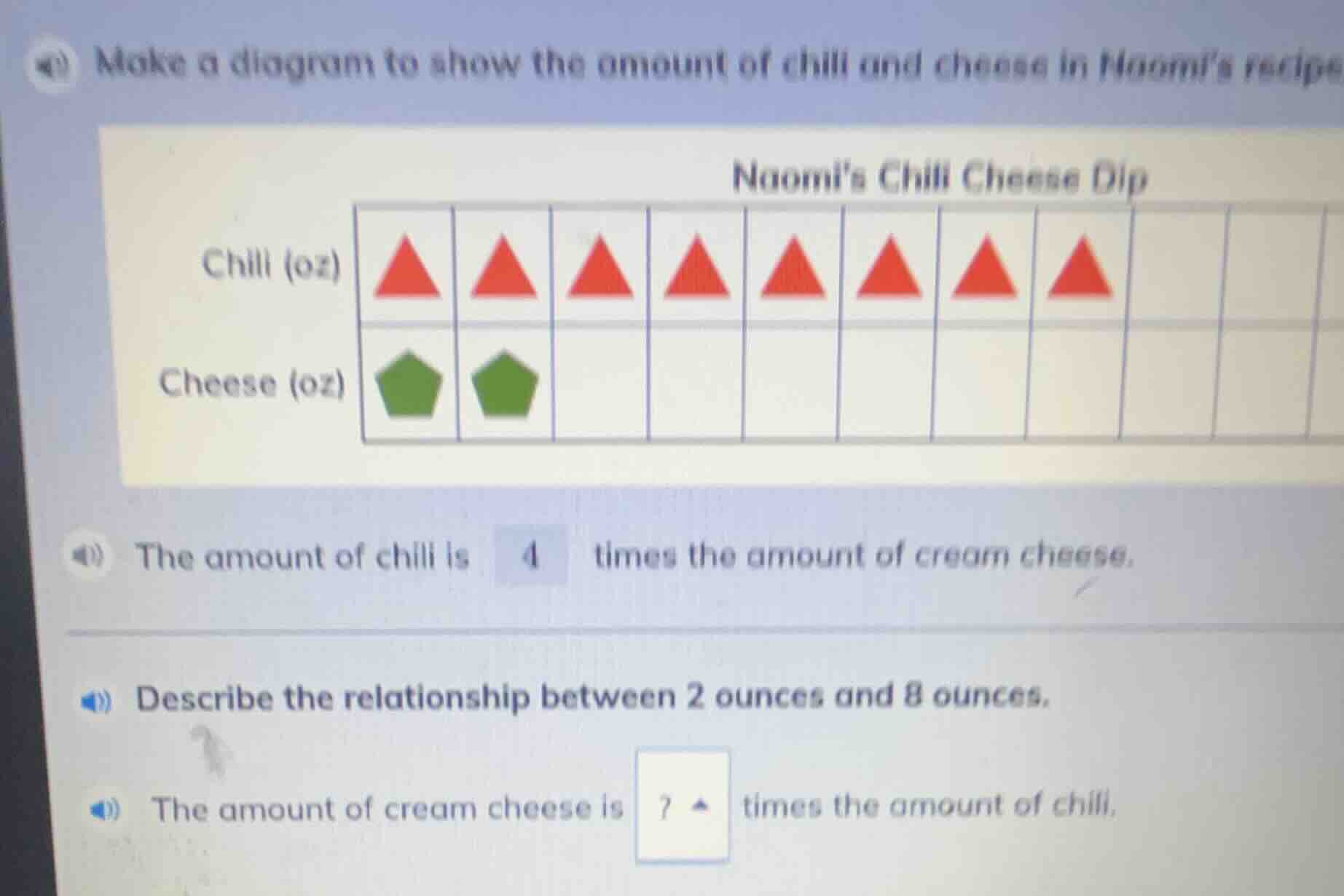 make a diagram to show the amount of chili and cheese in naomi’s recipe…