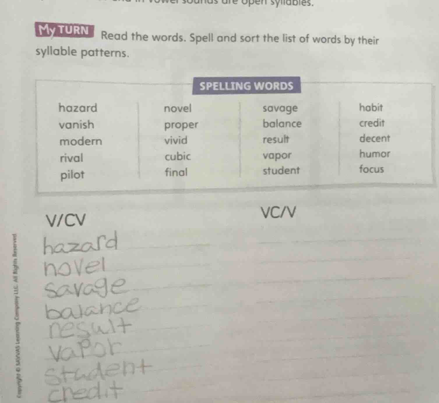my turn read the words. spell and sort the list of words by their sylla…