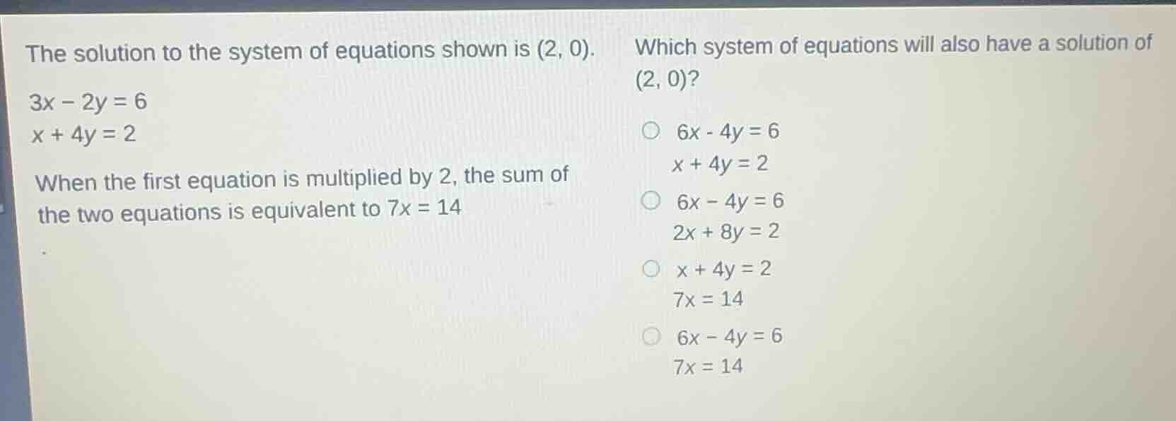 the solution to the system of equations shown is (2, 0). 3x - 2y = 6 x …