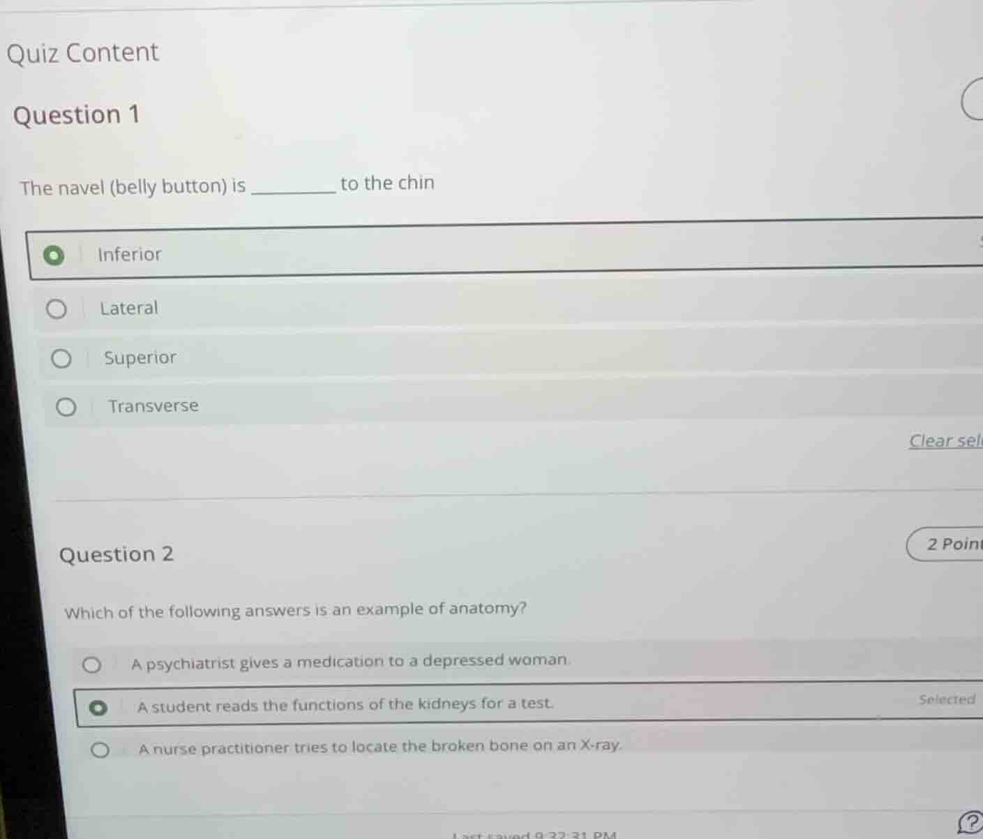 quiz content question 1 the navel (belly button) is ______ to the chin …