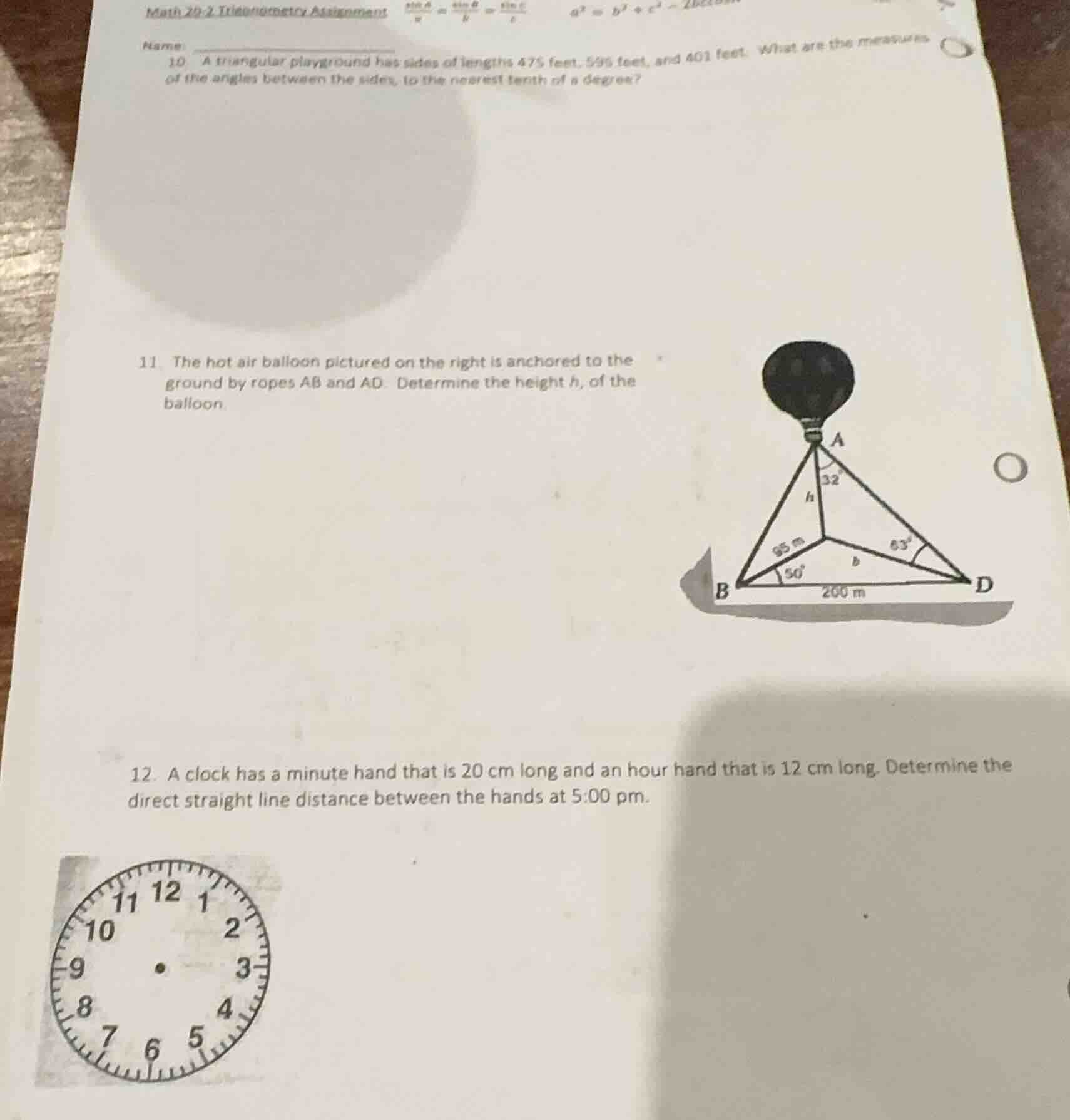 math 20-2 trigonometry assignment name: 10 a triangular playground has …