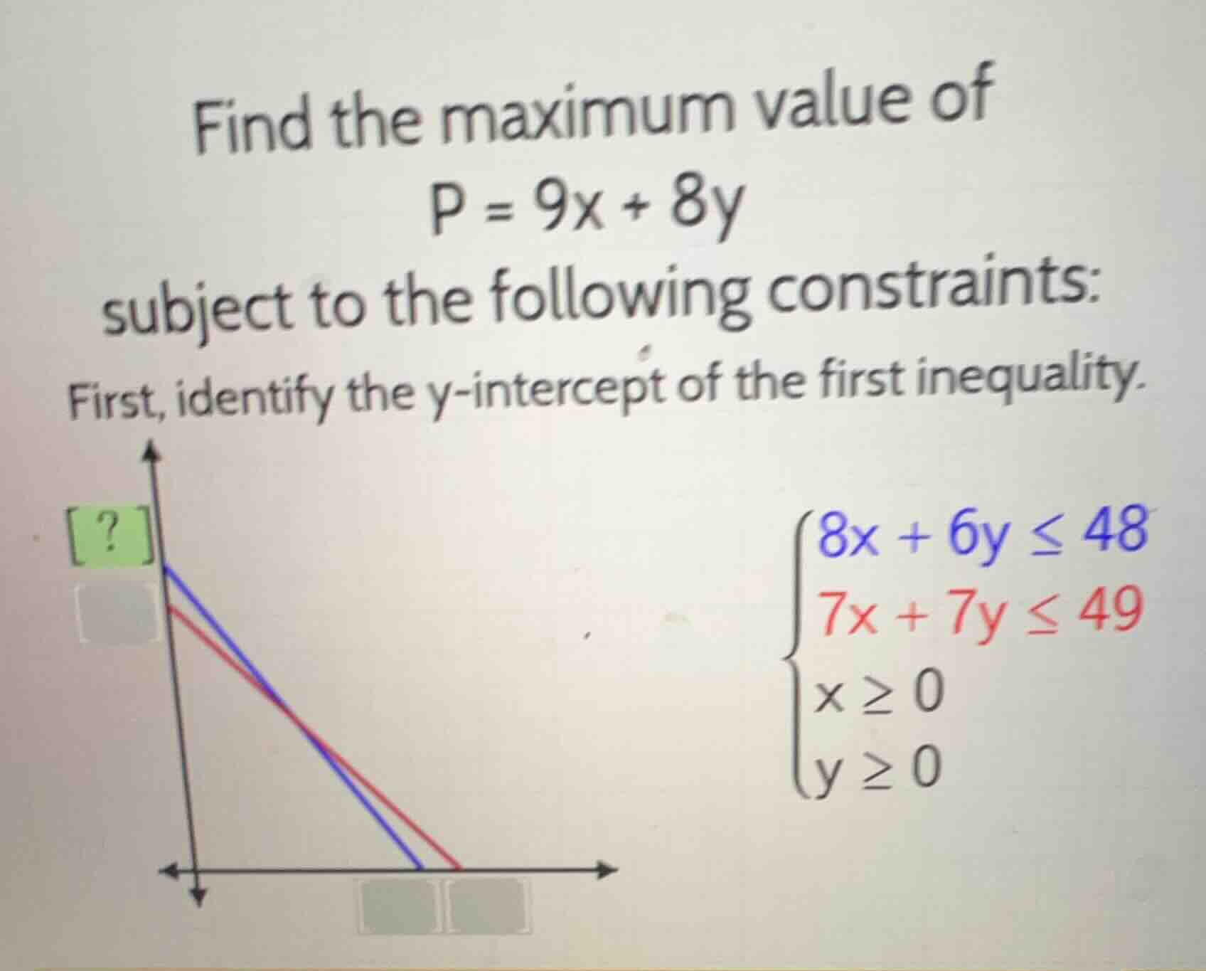 find the maximum value of p = 9x + 8y subject to the following constrai…