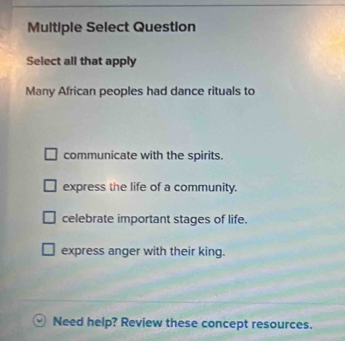 multiple select question select all that apply many african peoples had…