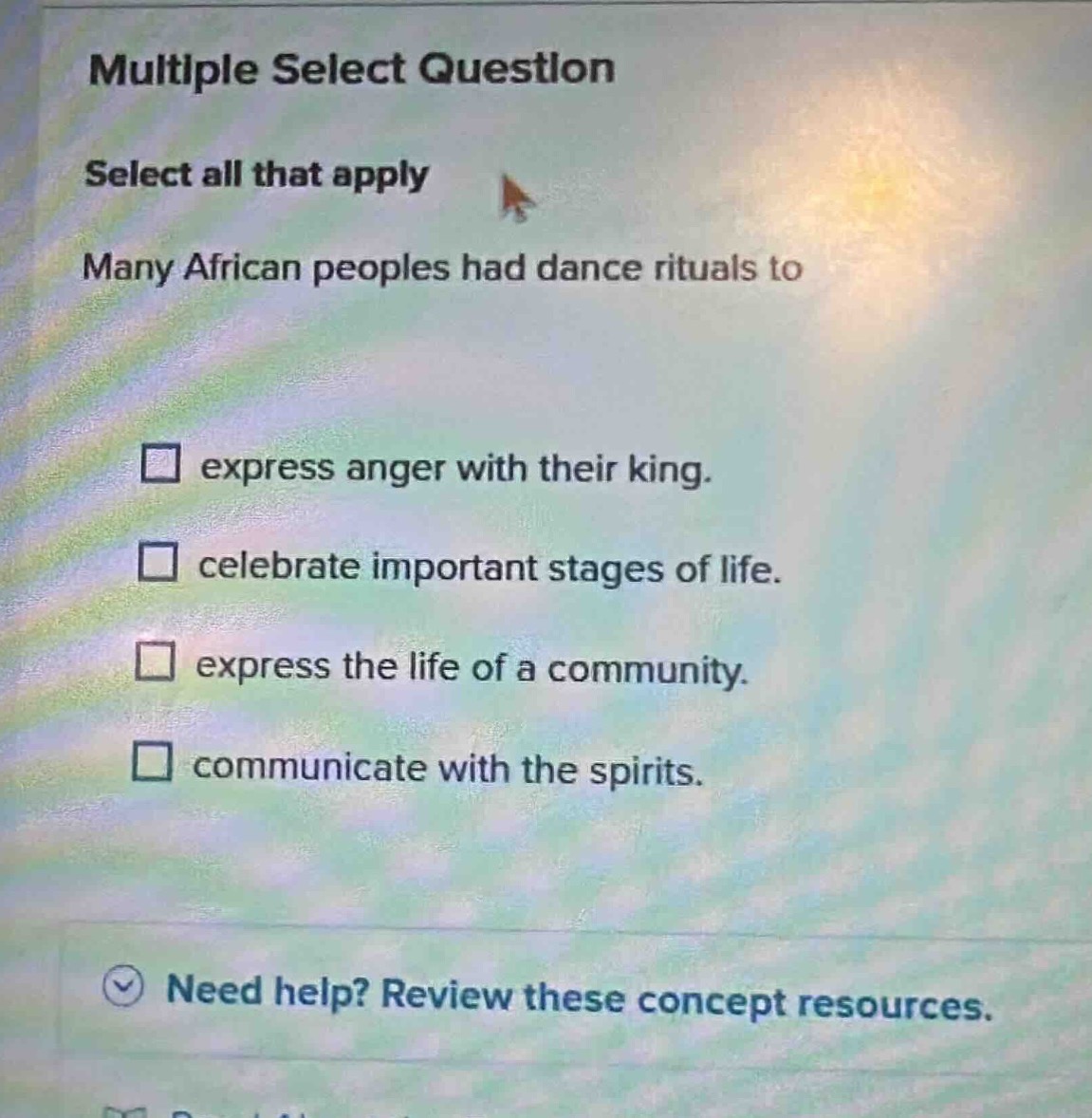 multiple select question select all that apply many african peoples had…