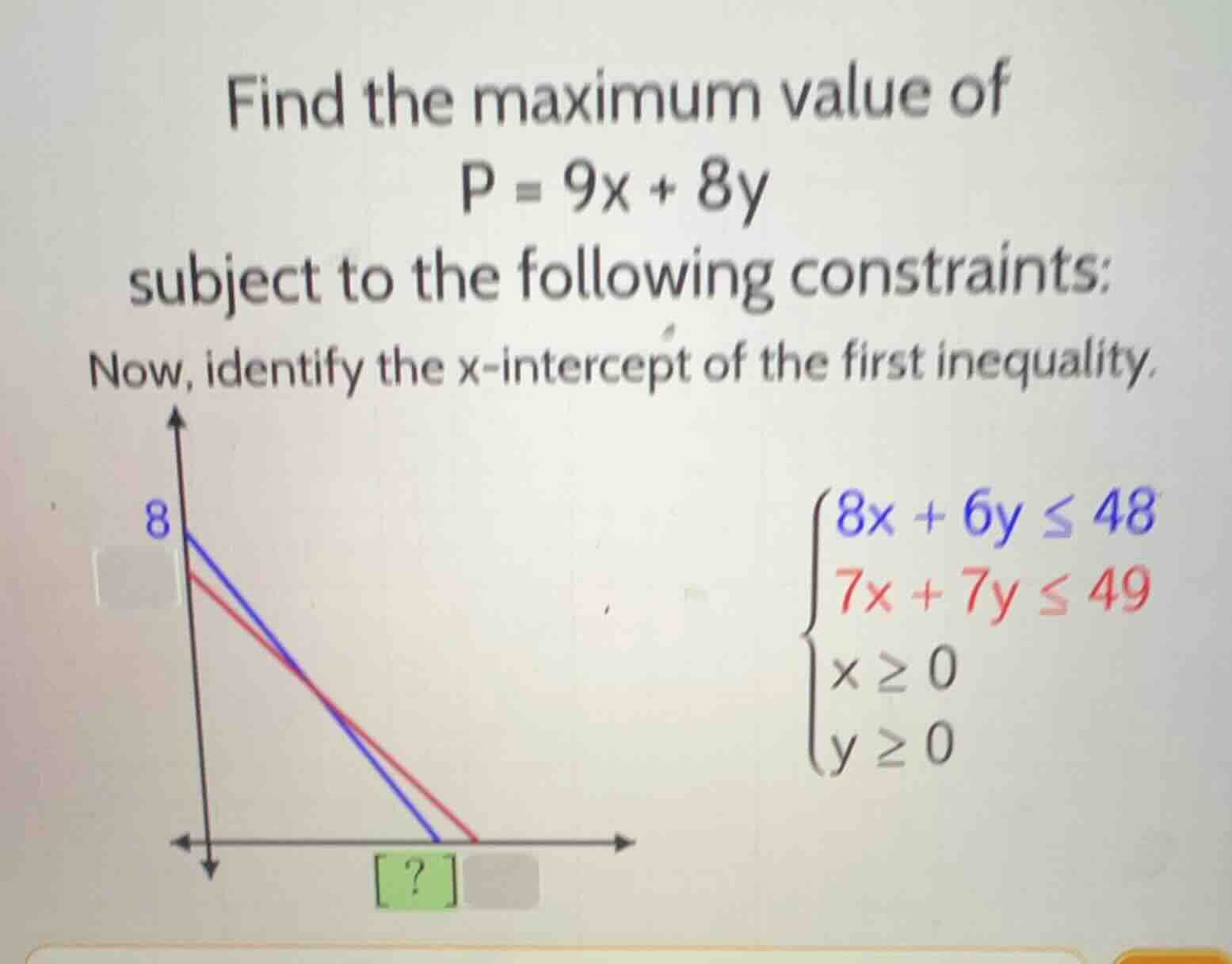 find the maximum value of p = 9x + 8y subject to the following constrai…