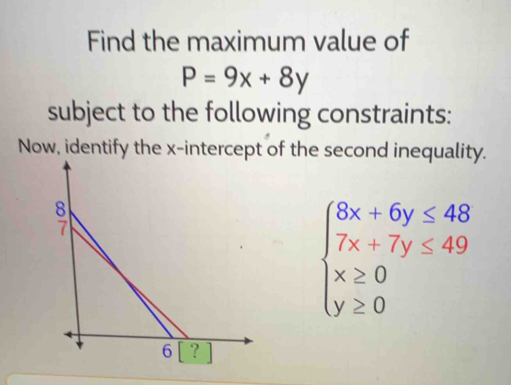 find the maximum value of p = 9x + 8y subject to the following constrai…