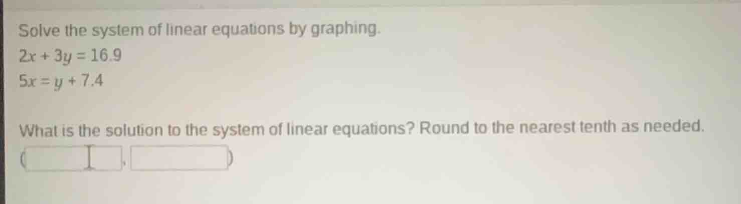 solve the system of linear equations by graphing. 2x + 3y = 16.9 5x = y…