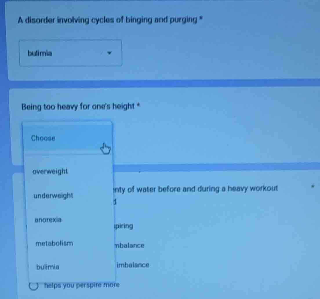 a disorder involving cycles of binging and purging * bulimia being too …
