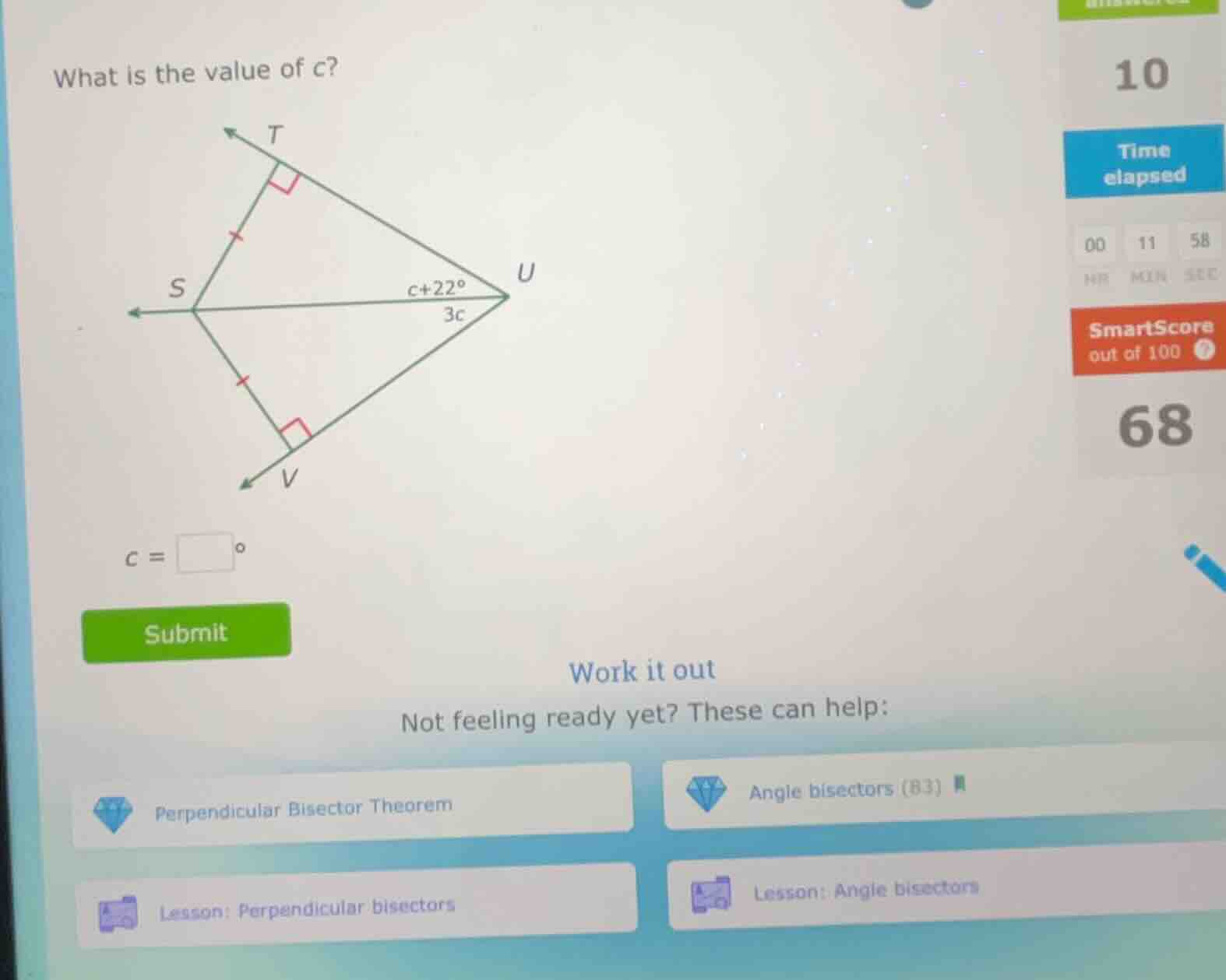 what is the value of c? (there is a geometric figure with points t, s, …