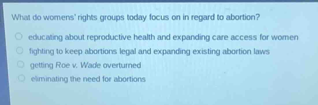 what do womens rights groups today focus on in regard to abortion? ○ ed…