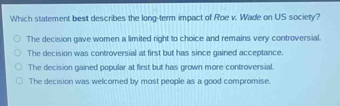 which statement best describes the long-term impact of roe v. wade on u…