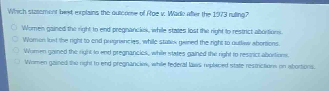 which statement best explains the outcome of roe v. wade after the 1973…
