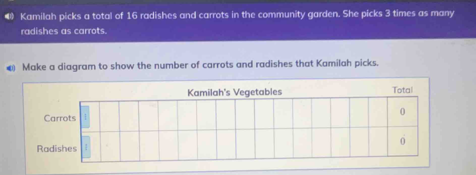 kamilah picks a total of 16 radishes and carrots in the community garde…