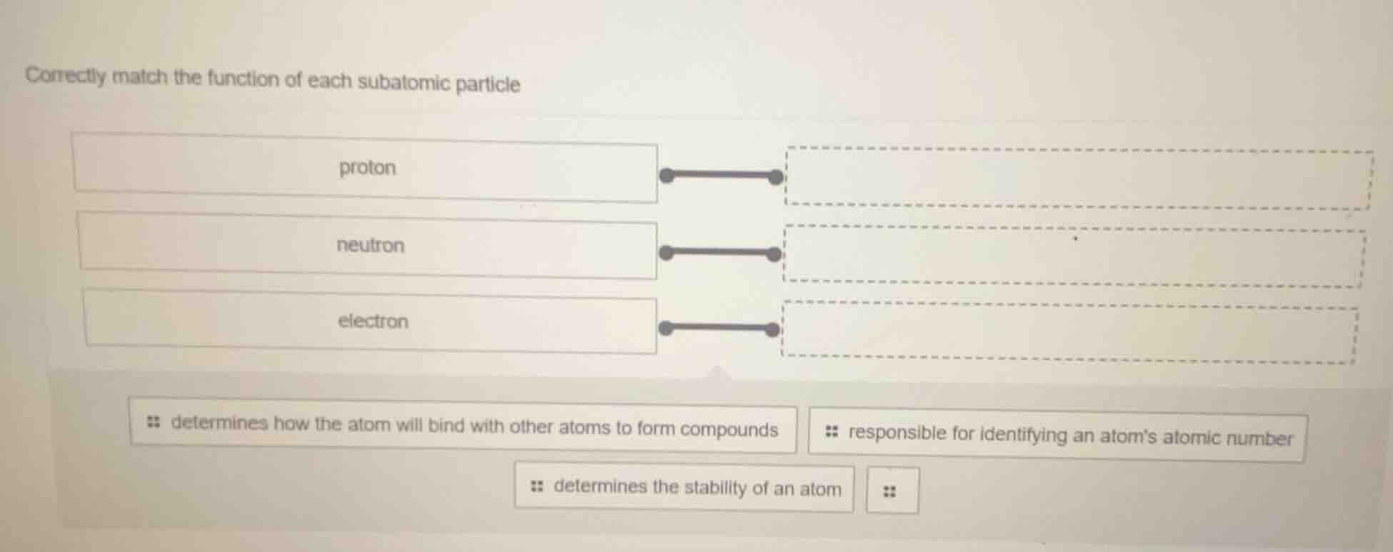 correctly match the function of each subatomic particle proton neutron …