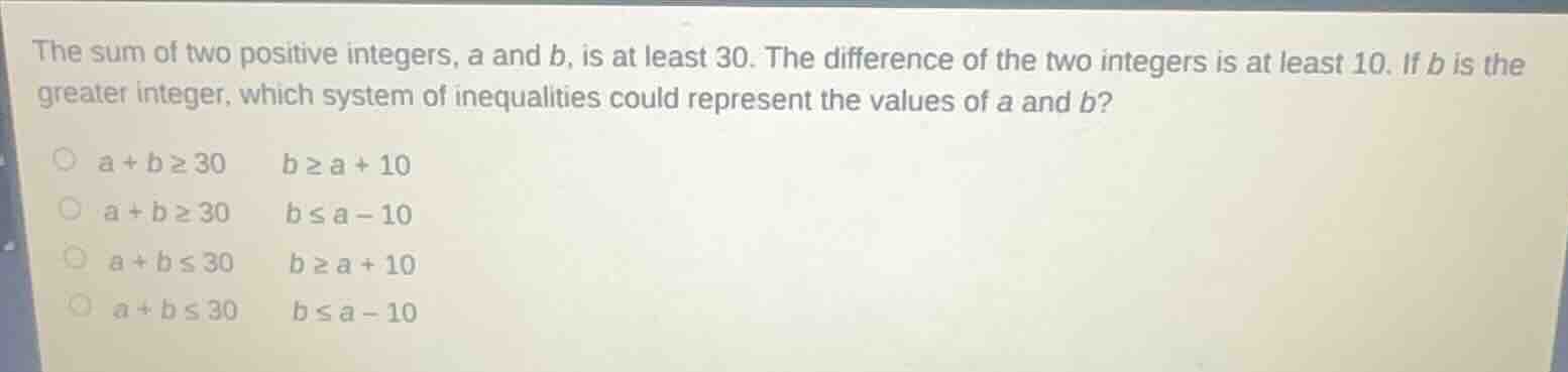 the sum of two positive integers, a and b, is at least 30. the differen…