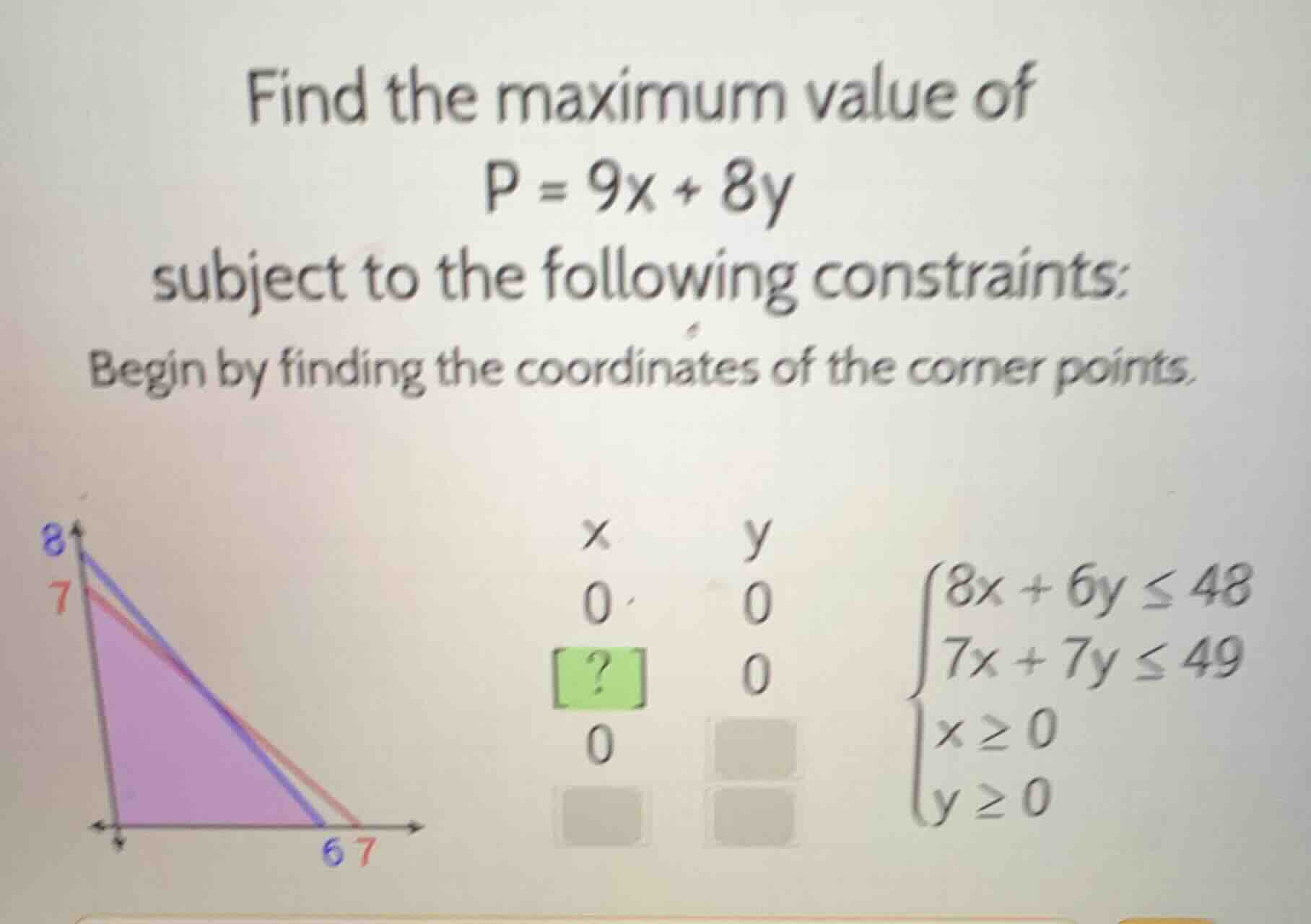 find the maximum value of p = 9x + 8y subject to the following constrai…