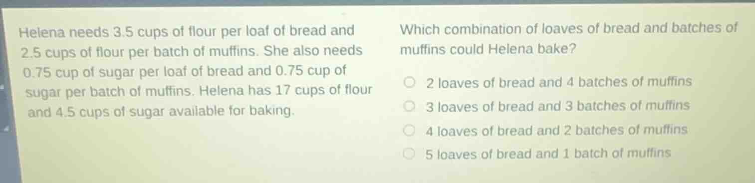 helena needs 3.5 cups of flour per loaf of bread and 2.5 cups of flour …