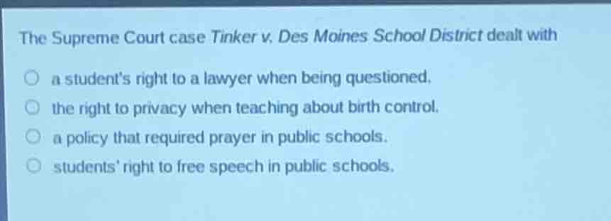 the supreme court case tinker v. des moines school district dealt with …