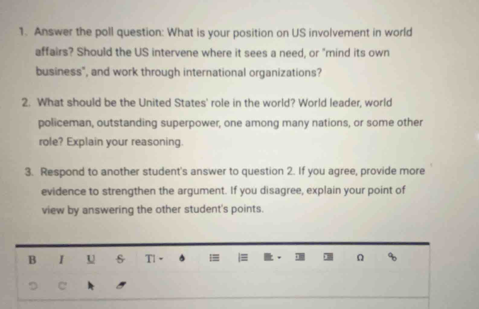 1. answer the poll question: what is your position on us involvement in…