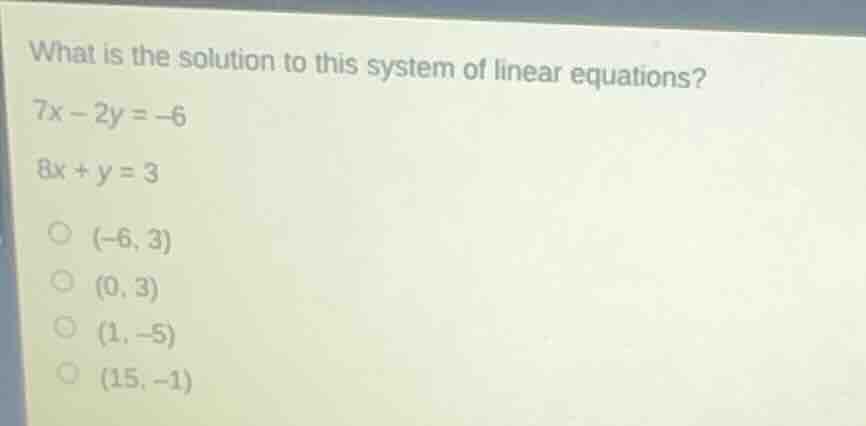 what is the solution to this system of linear equations? 7x - 2y = -6 8…