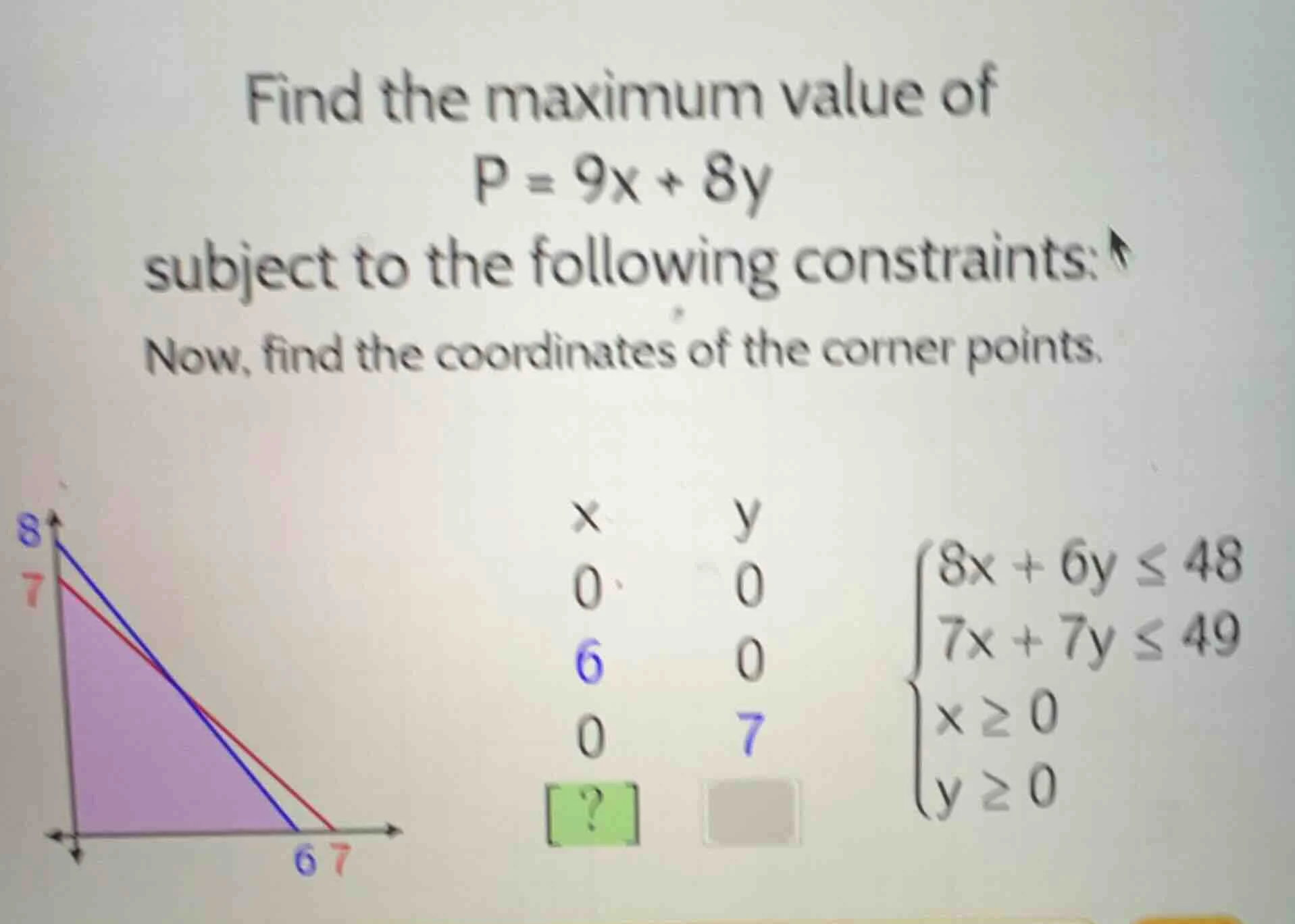 find the maximum value of p = 9x + 8y subject to the following constrai…