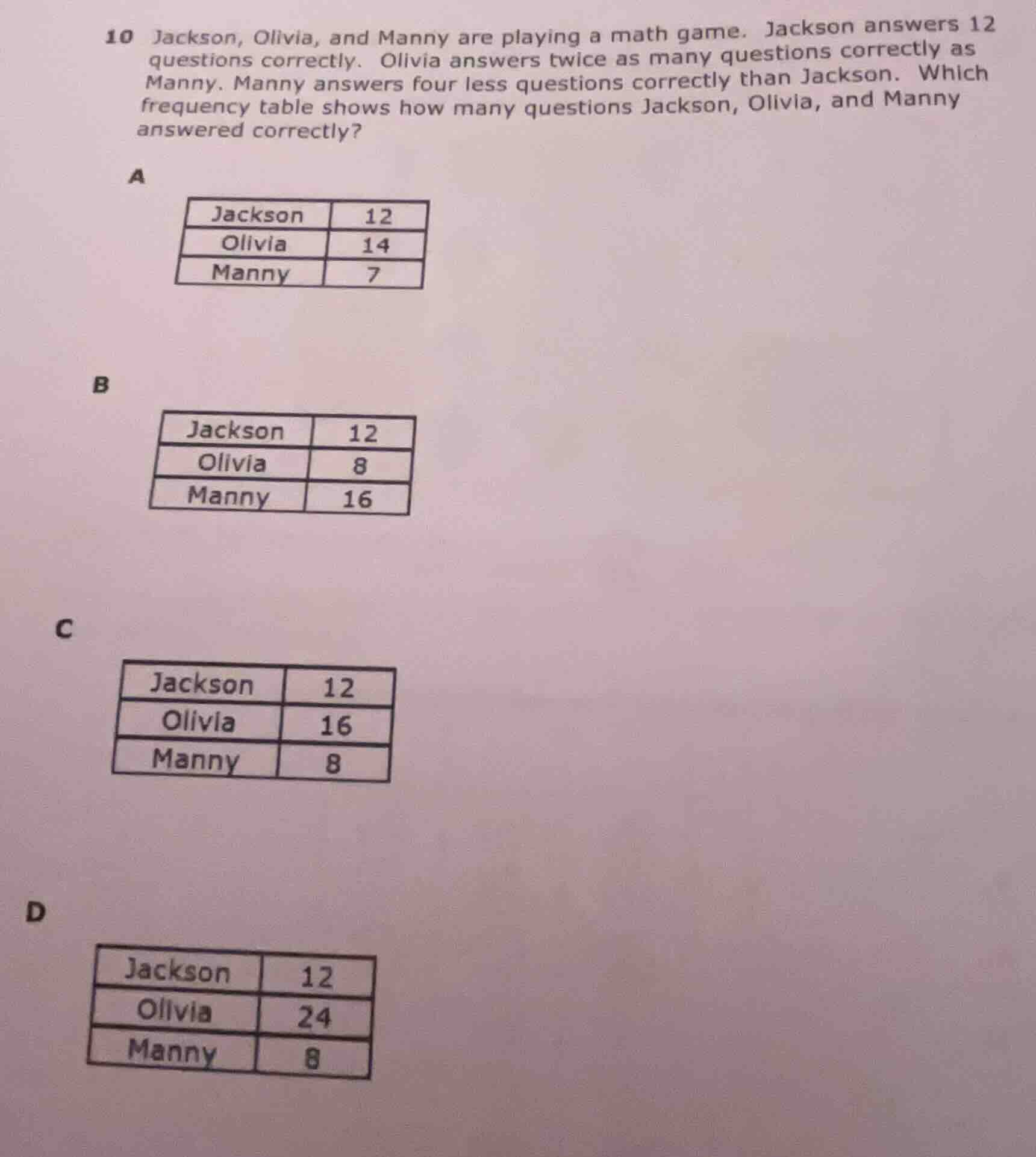 10 jackson, olivia, and manny are playing a math game. jackson answers …