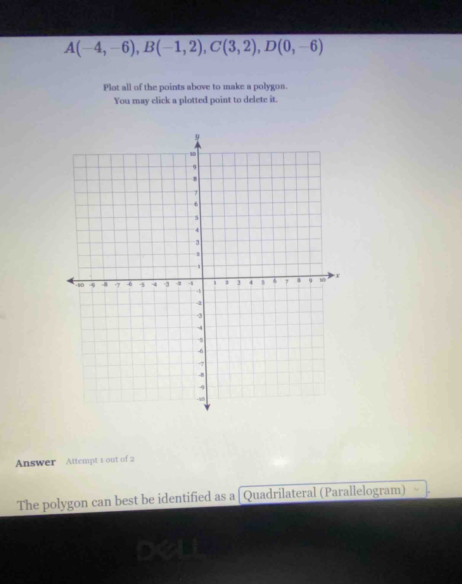 a(-4, -6), b(-1, 2), c(3, 2), d(0, -6) plot all of the points above to …