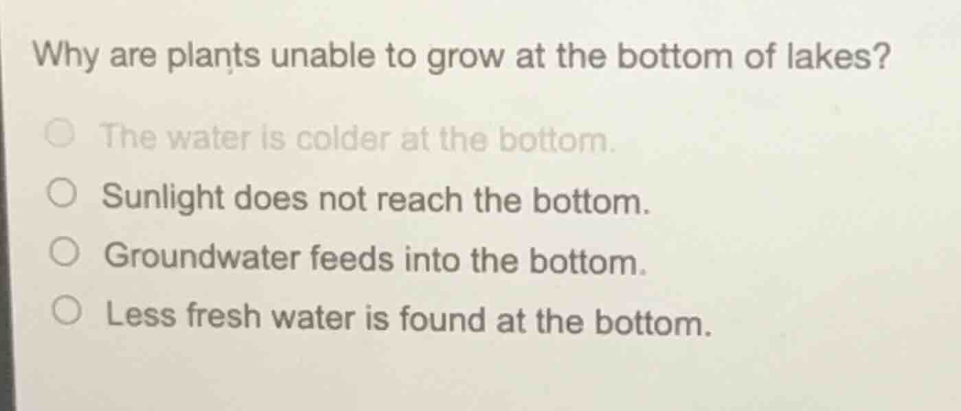 why are plants unable to grow at the bottom of lakes? ○ the water is co…