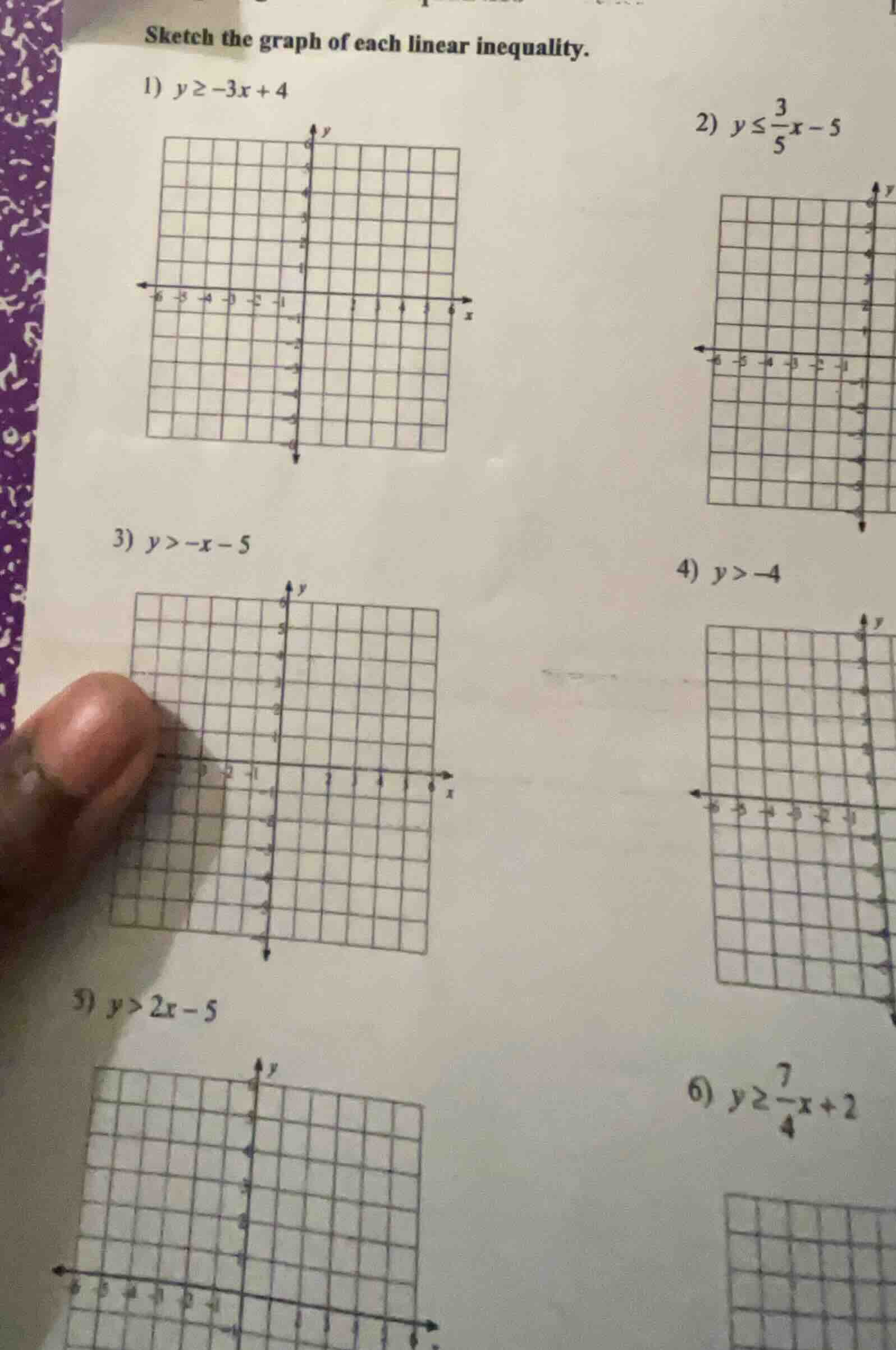 sketch the graph of each linear inequality. 1) $y \\geq -3x + 4$ 2) $y …
