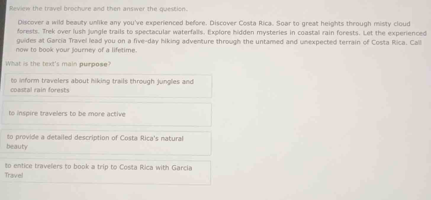 review the travel brochure and then answer the question. discover a wil…