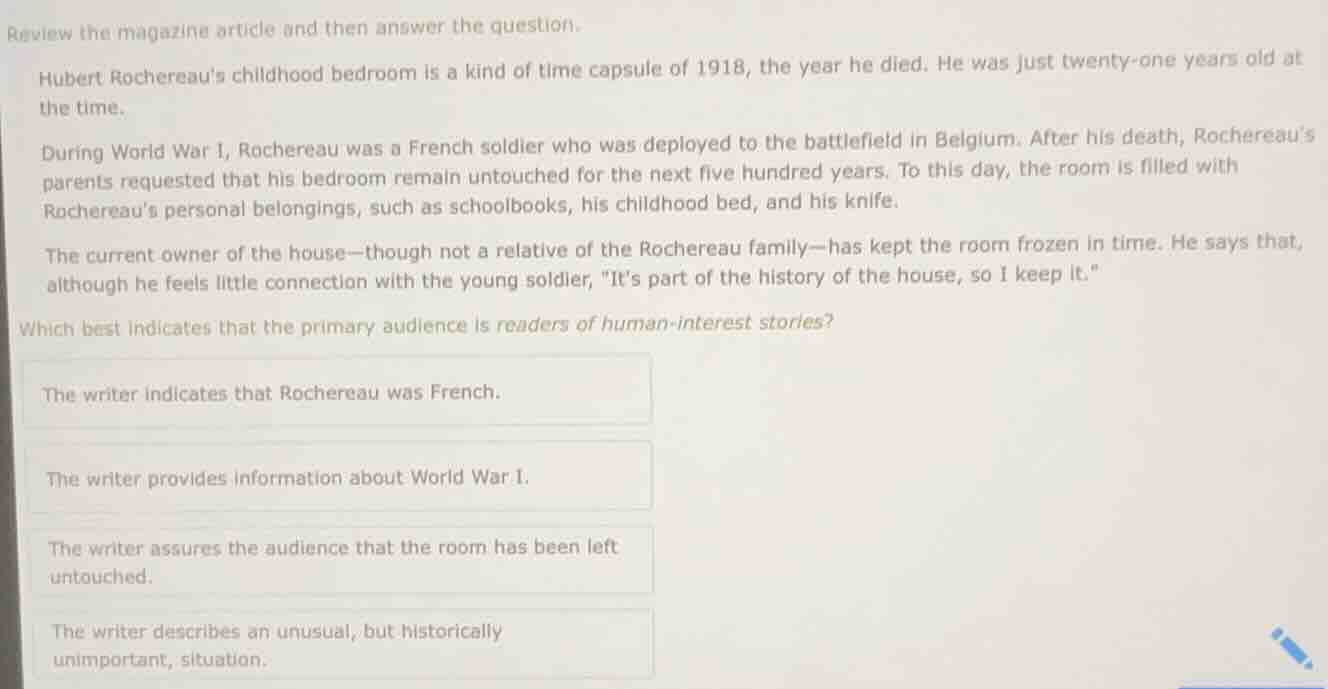 review the magazine article and then answer the question. hubert rocher…