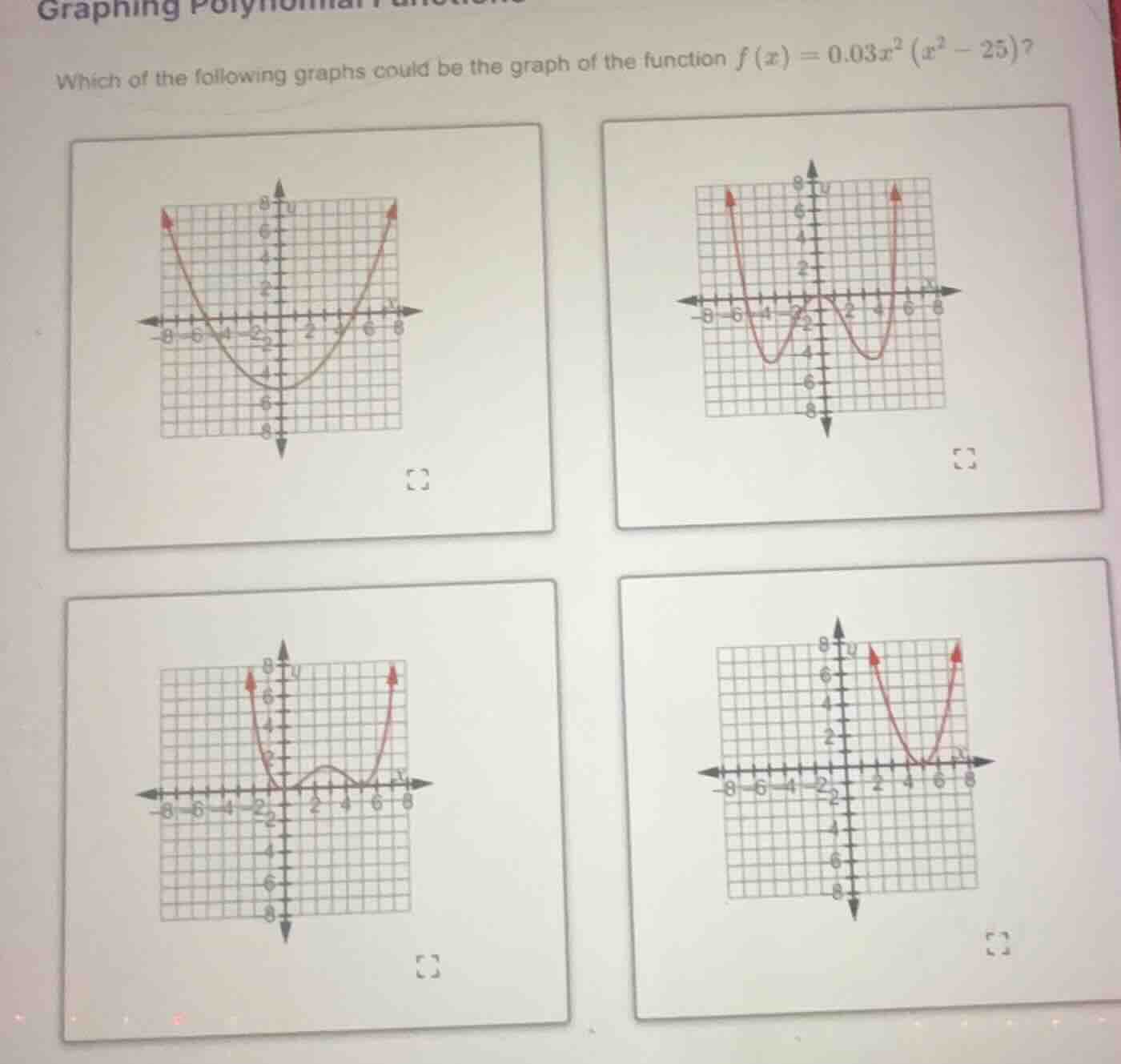 graphing polynomial functions which of the following graphs could be th…