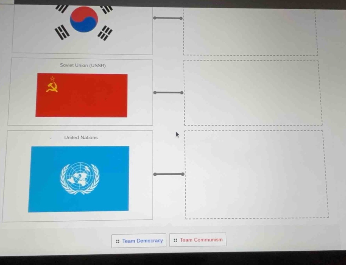 there are three flags: south korea, soviet union (ussr), united nations…