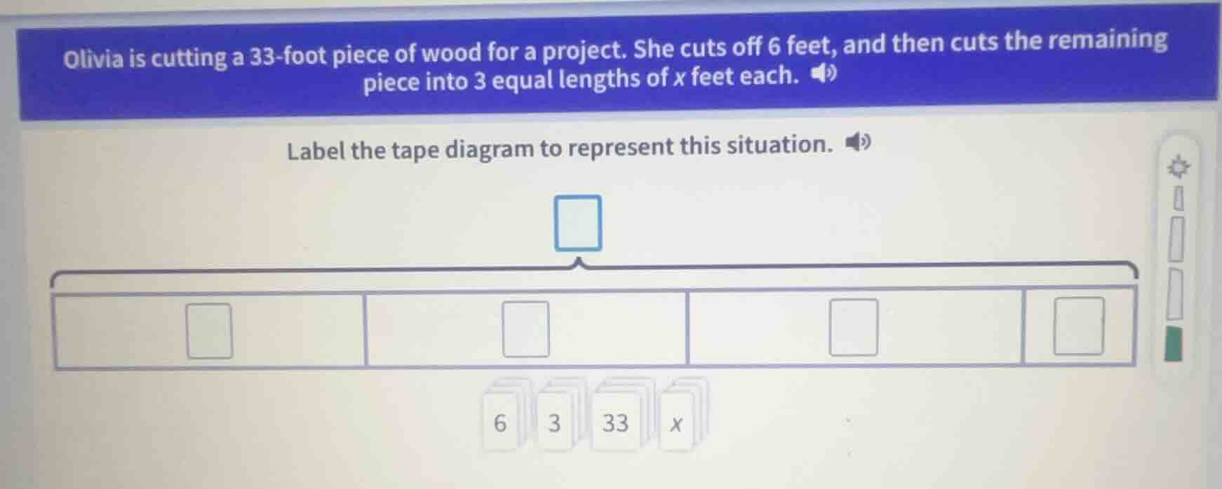 olivia is cutting a 33-foot piece of wood for a project. she cuts off 6…