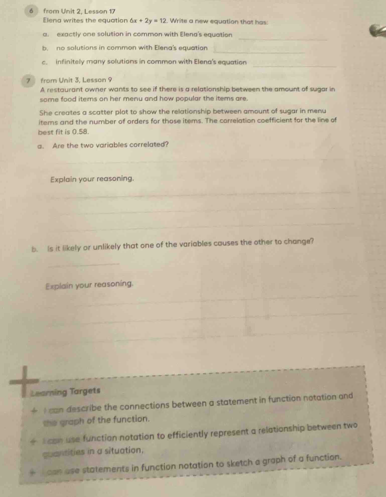 6 from unit 2, lesson 17 elena writes the equation 6x + 2y = 12. write …