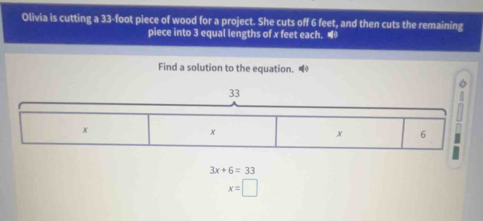 olivia is cutting a 33-foot piece of wood for a project. she cuts off 6…