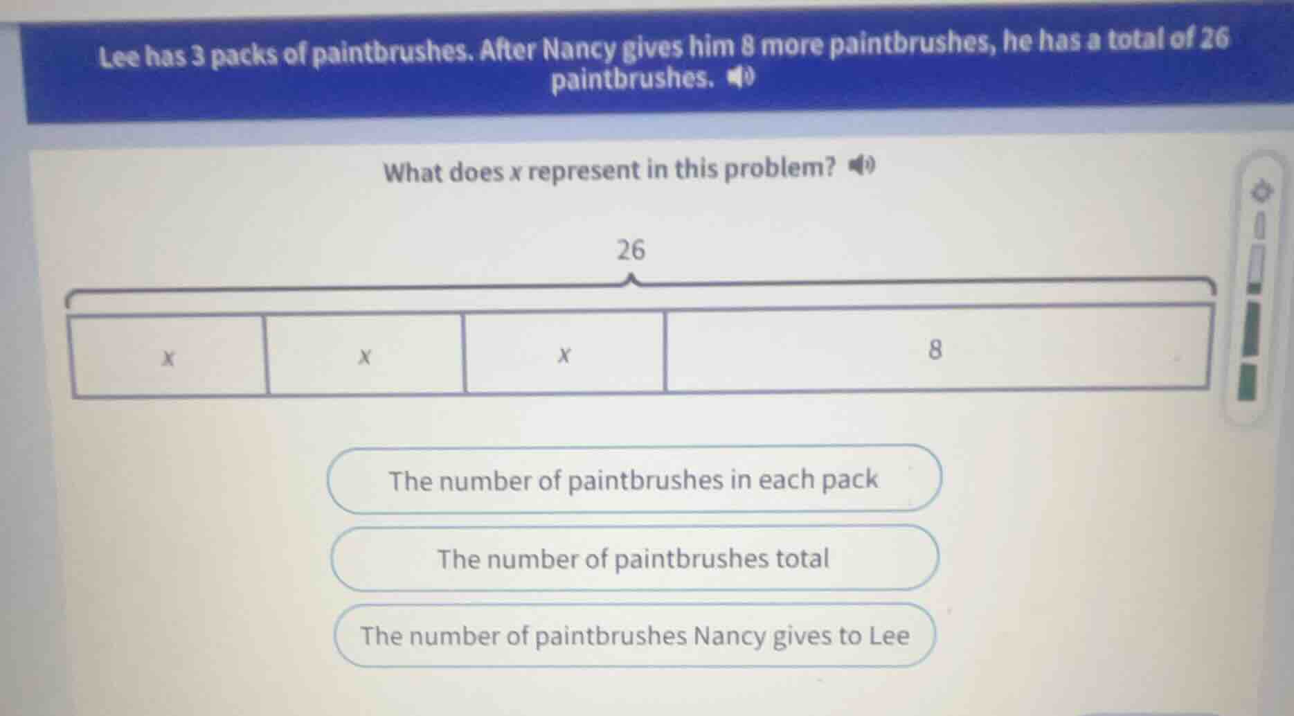 lee has 3 packs of paintbrushes. after nancy gives him 8 more paintbrus…