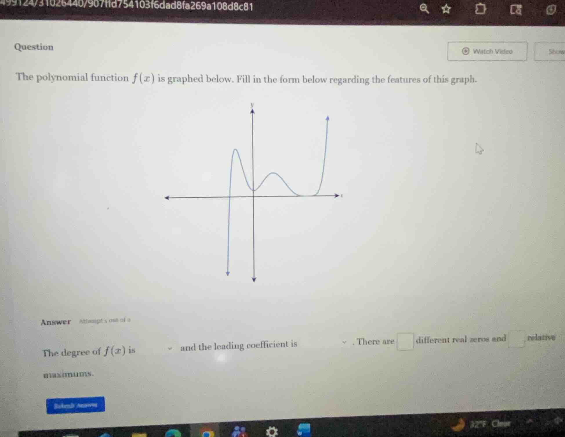 question the polynomial function $f(x)$ is graphed below. fill in the f…