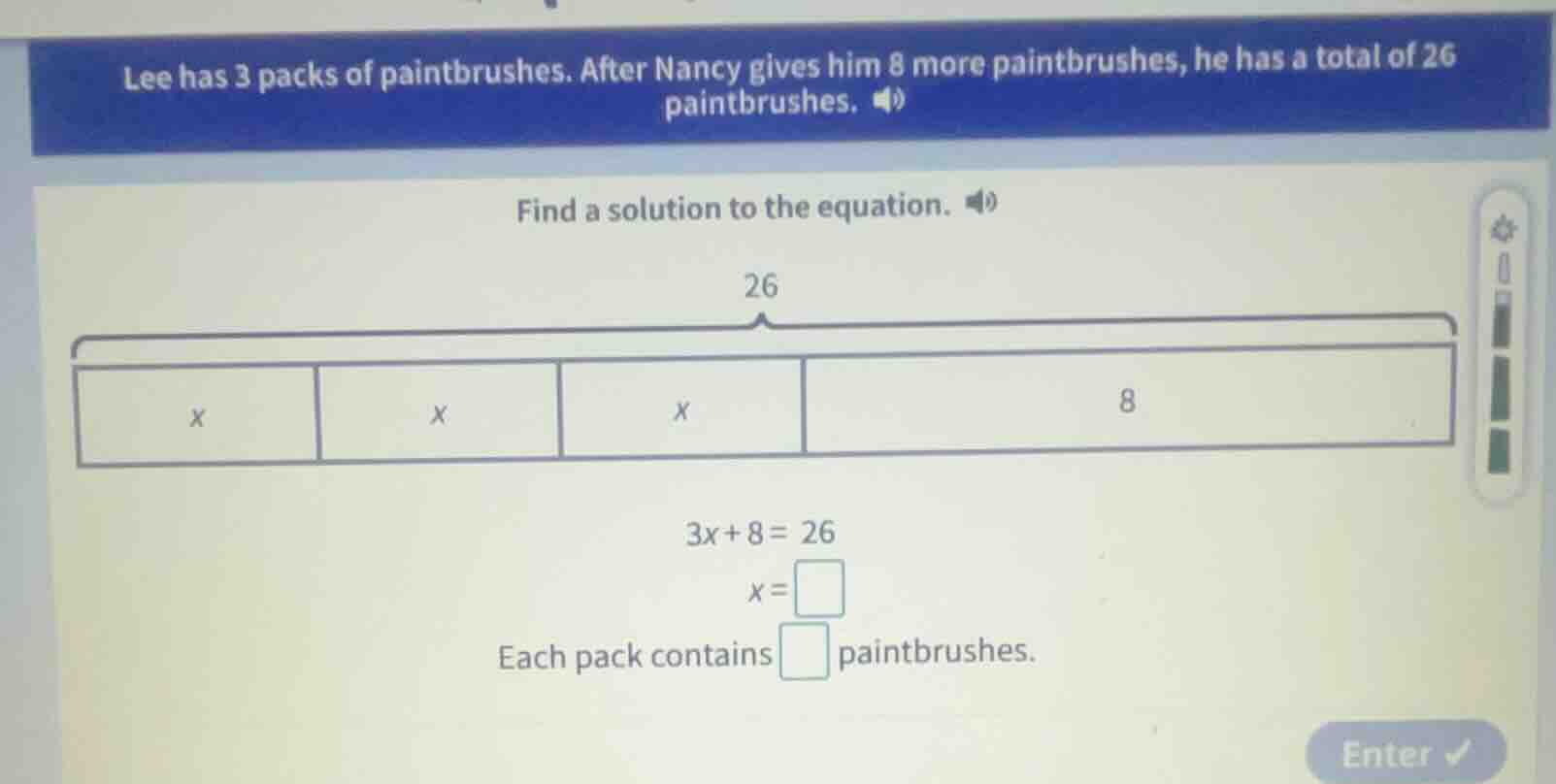 lee has 3 packs of paintbrushes. after nancy gives him 8 more paintbrus…