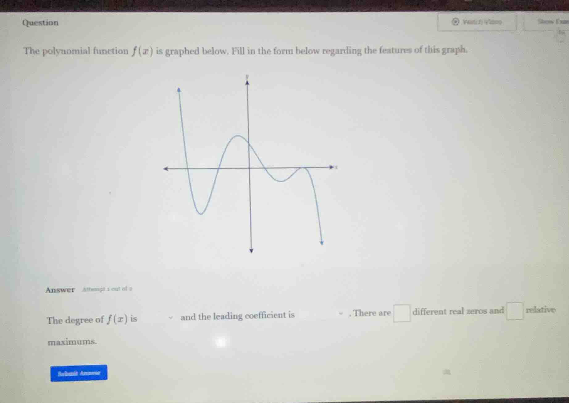 question the polynomial function $f(x)$ is graphed below. fill in the f…