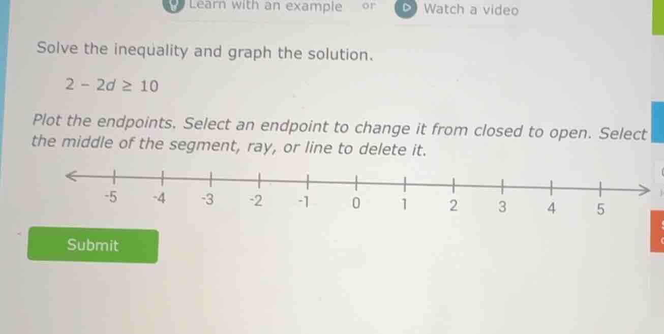 solve the inequality and graph the solution. 2 - 2d ≥ 10 plot the endpo…