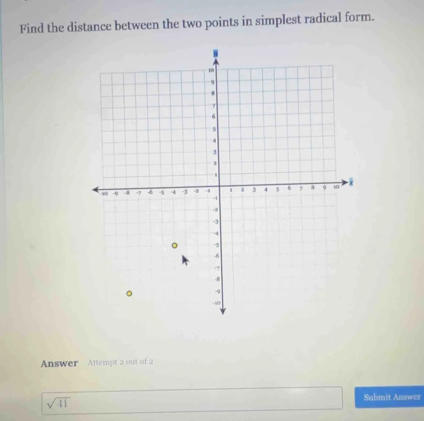 find the distance between the two points in simplest radical form.