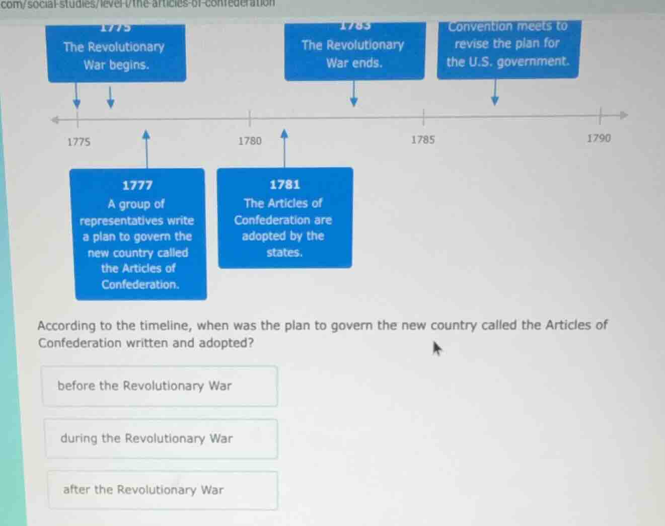 1775 the revolutionary war begins. 1783 the revolutionary war ends. con…