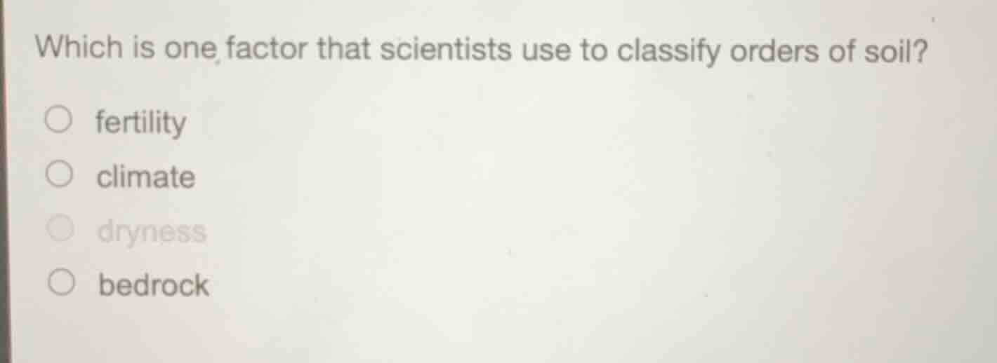 which is one factor that scientists use to classify orders of soil? fer…