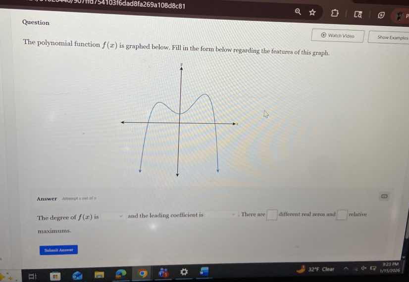 question the polynomial function f(x) is graphed below. fill in the for…