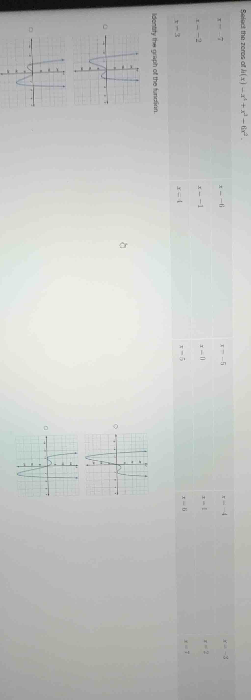 select the zeros of $h(x) = x^4 + x^3 - 6x^2$. identify the graph of th…