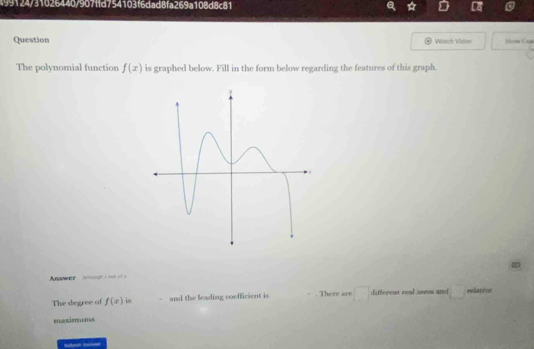 question the polynomial function $f(x)$ is graphed below. fill in the f…