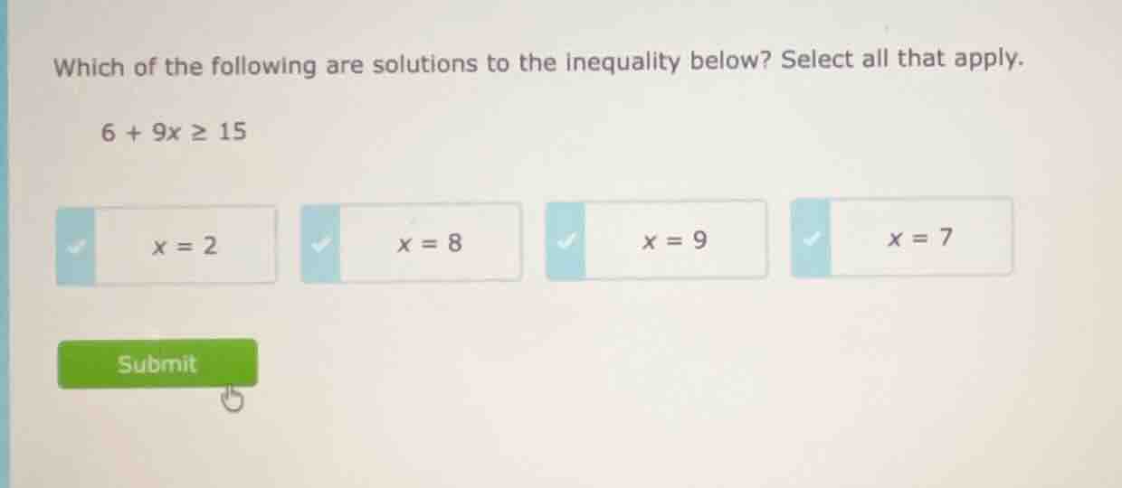 which of the following are solutions to the inequality below? select al…