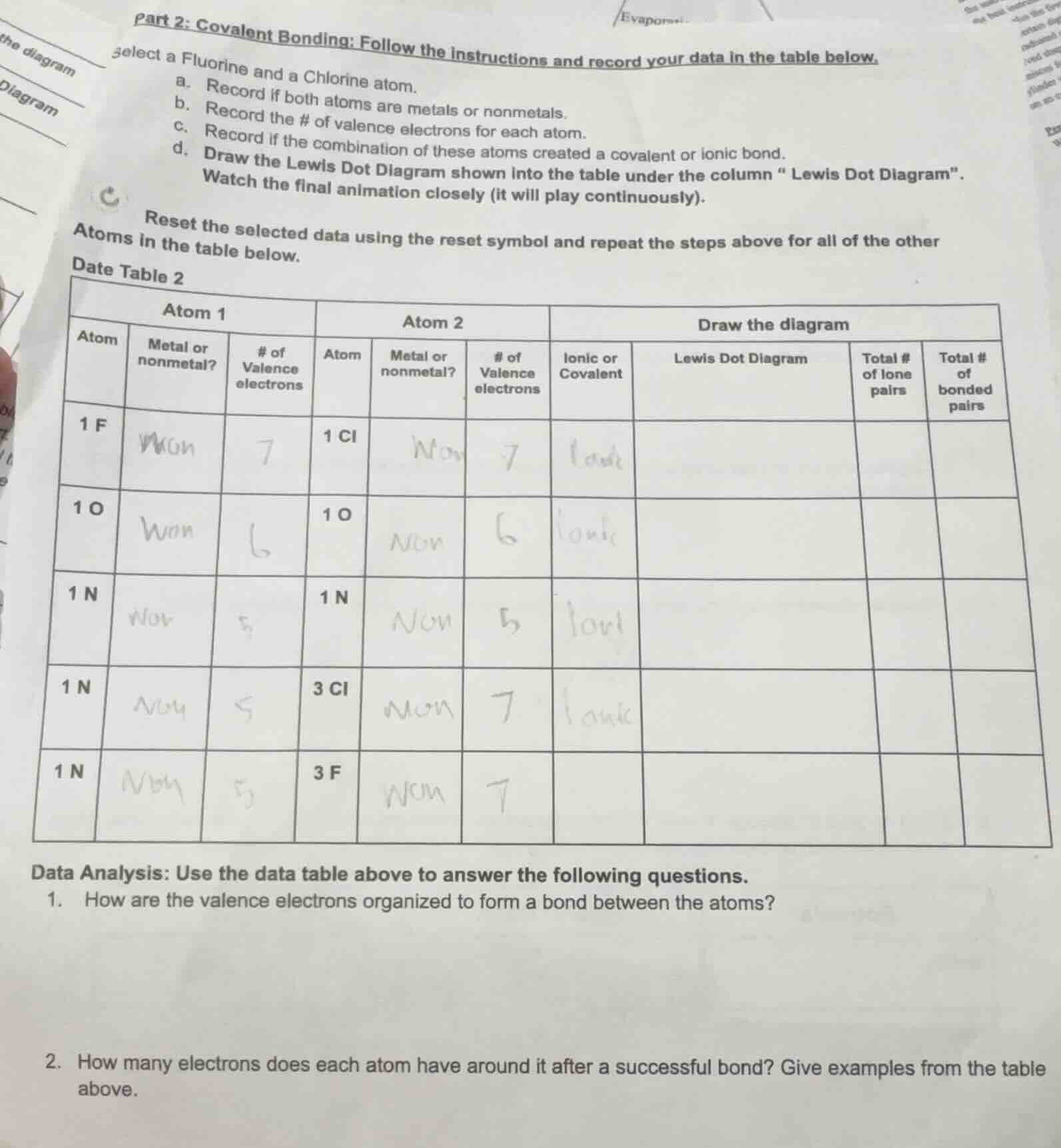 part 2: covalent bonding: follow the instructions and record your data …