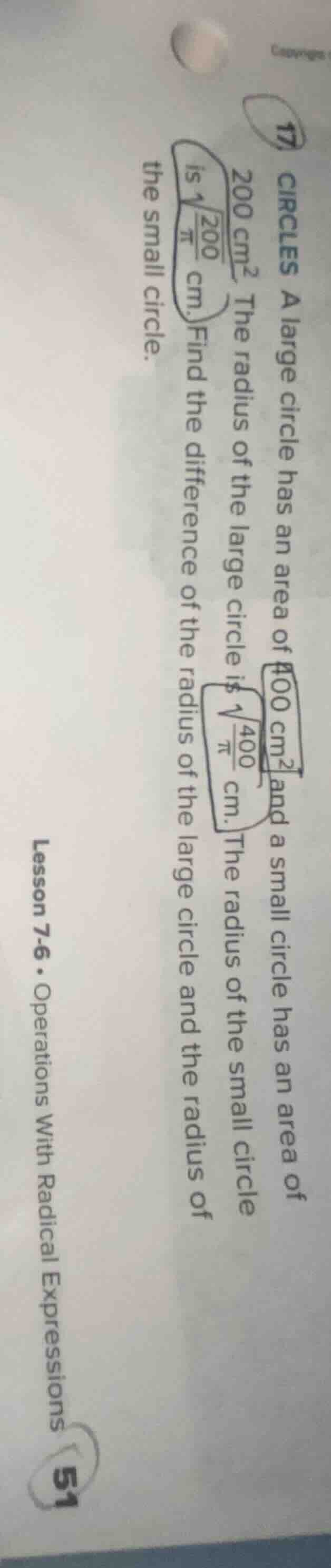 47. circles a large circle has an area of 400 cm² and a small circle ha…